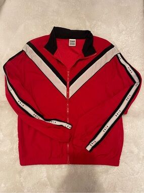 PINK Victoria's Secret Red Zip-Up Track Jacket with Chevron Trim